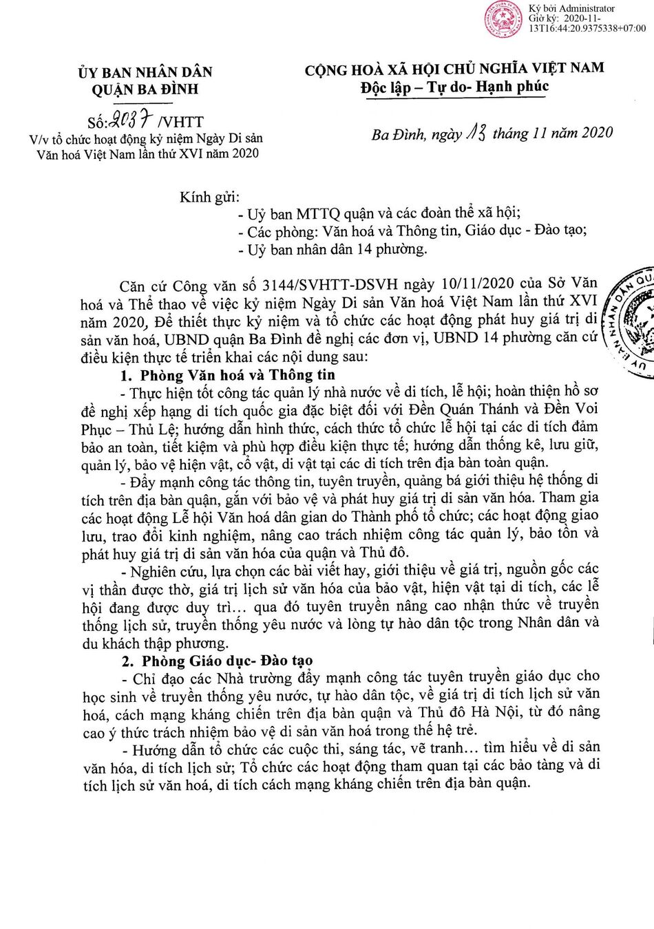 Tổ chức hoạt động kỷ niệm Ngày Di sản Văn hóa Việt Nam lần thứ XVI năm 2020