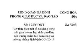V/v thực hiện một số nội dung trong thời gian trẻ em, học sinh tạm dừng  đến trường nhằm bảo đảm công tác phòng, chống dịch bệnh COVID-19