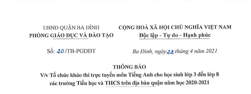 Trường Tiểu học Kim Đồng thông báo về việc tổ chức  khảo thí trực tuyến môn TA cho học sinh  lớp 3 - 8 các trướng tiểu học và THCS trên địa bàn quận Ba Đình  2020-2021