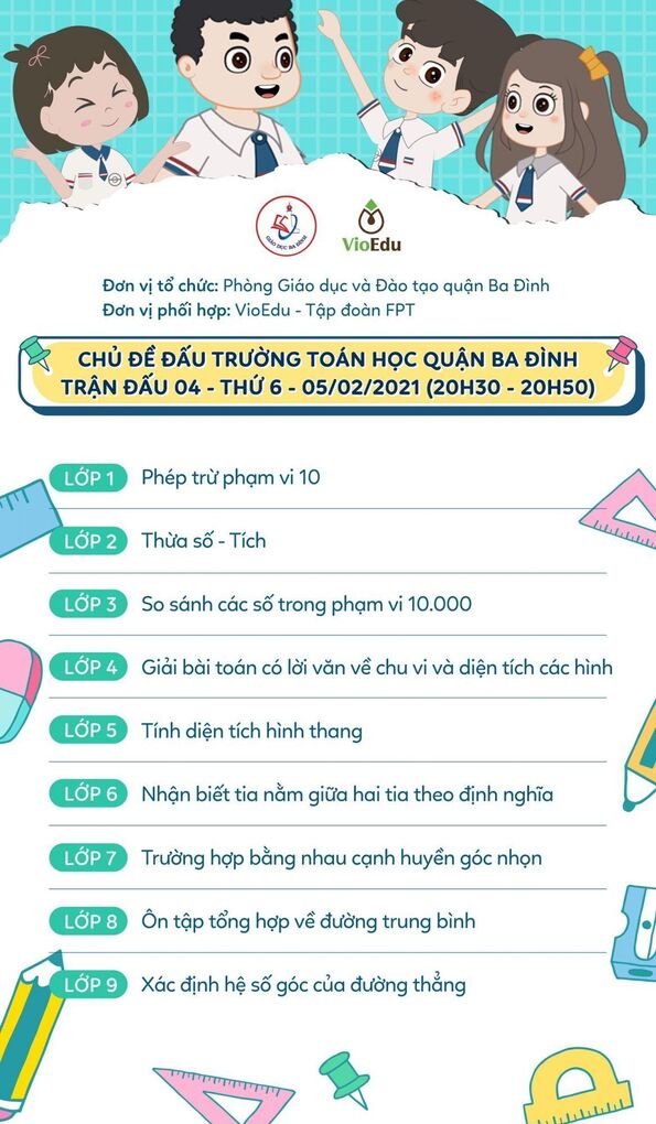 Chủ đề Đấu trường toán học quận Ba Đình của trận đấu 04 - Thứ 6 - ngày 05/02/2021 (20h30 - 20h50)