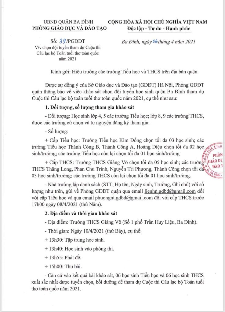 Thông báo về việc khảo sát chọn đội tuyển học sinh tham dự cuộc thi "Toán tuổi thơ" năm 2021