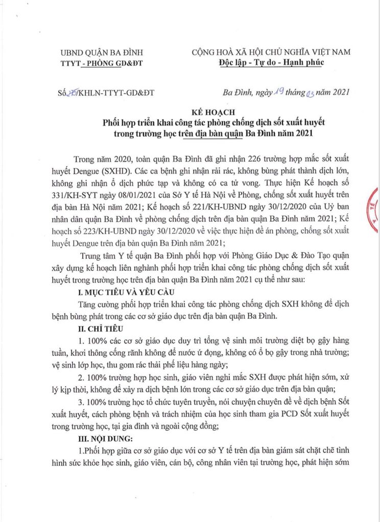 Công văn triển khai công tác phòng chống dịch sốt xuất huyết trong trường học trên địa bàn quận Ba Đình năm 2021