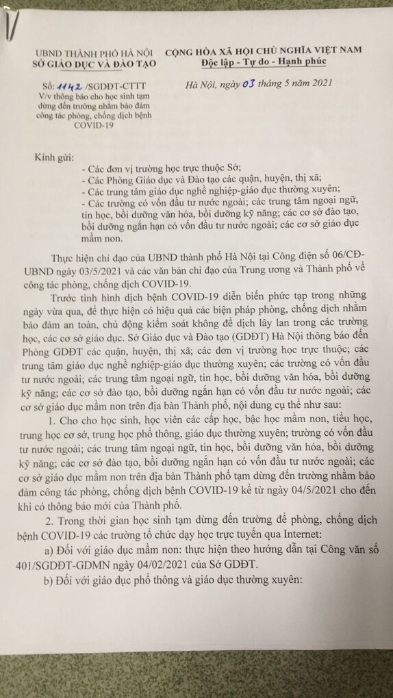 Công văn về việc Khẩn cấp cho học sinh nghỉ học từ ngày mai 4/5