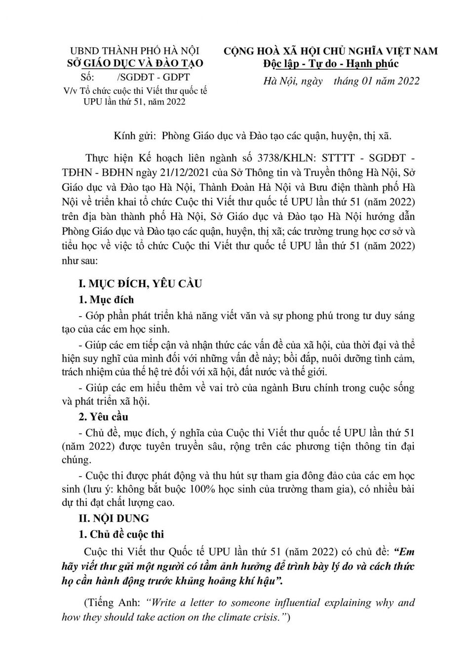 Trường Tiểu học Kim Đồng phát động cuộc thi viết thư quốc tế UPU lần thứ 51 ( Năm 2022 )