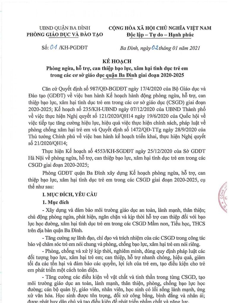 Kế hoạch hành động phòng ngừa, hỗ trợ, can thiệp bạo lực xâm hại tình dục trẻ em giai đoạn 2020-2025