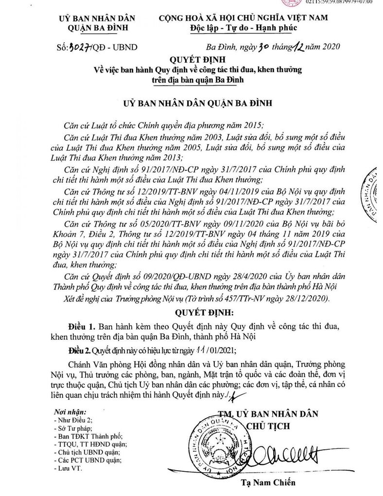 Về việc ban hành Quy định về công tác thi đua, khen thưởng trên địa bàn quận Ba Đình