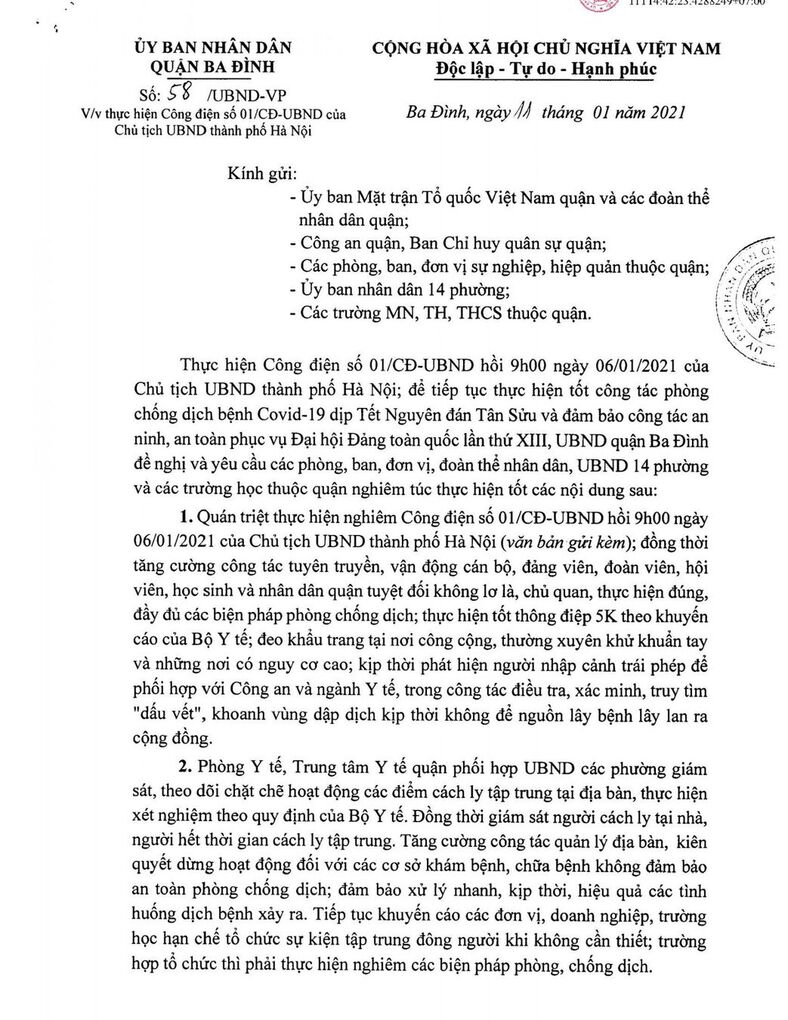 Thực hiện công điện số 01/CĐ - UBND của Chủ tịch UBND thành phố Hà Nội