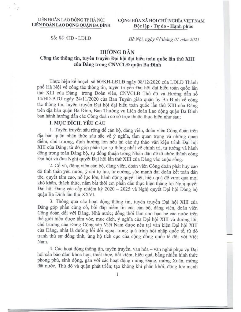 Hướng dẫn Thông tin, tuyên truyền ĐH ĐB lần thứ XIII của Đảng trong CNVCLĐ quận Ba Đình