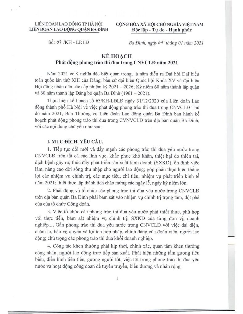 KH Phát động phong trào thi đua trong CNVCLĐ năm 2021