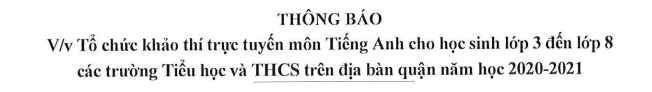 Công văn từ PGD TB số 20 Tổ chức khảo thí trực tuyến môn Tiếng Anh từ lớp 3-8