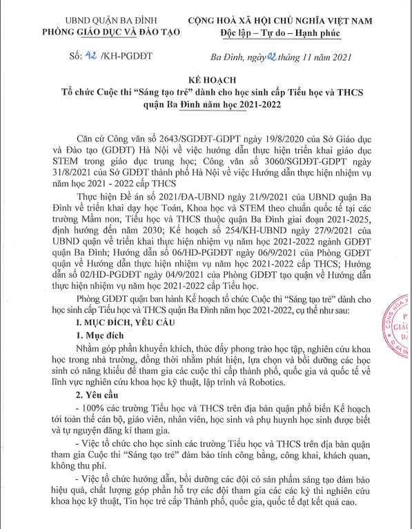 Trường Tiểu học Kim Đồng thông tin KH Tổ chức cuộc thi "Sáng tạo trẻ" năm học 2021-2022