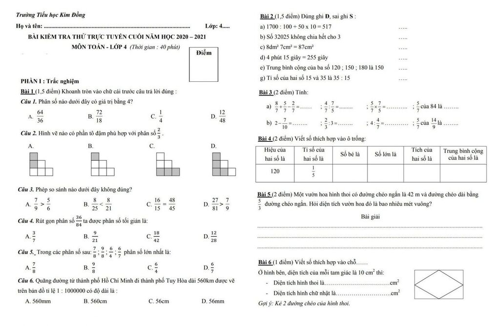 Đề thi thử trực tuyến học kì II môn Toán lớp 4 và đáp án