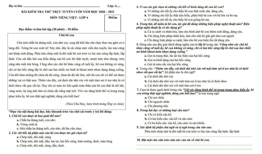 Đề thi thử trực tuyến học kì II môn Tiếng Việt lớp 4 và đáp án