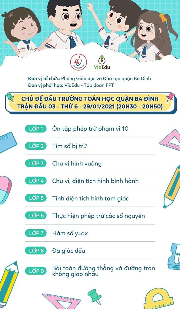 Chủ đề Đấu trường Toán học Quận Ba Đình Trận đấu 03 - Thứ 6 -29/1/2021 (20h30-20h50)