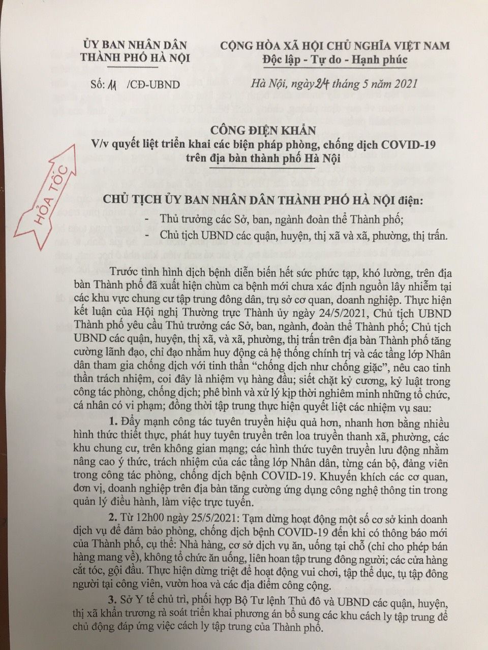 Công điện về việc quyết liệt triển khai các biện pháp phòng chống dịch COVID - 19 trên địa bàn TP Hà Nội