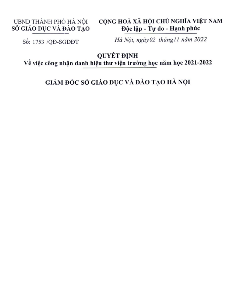 Quyết Định V/v  công nhận danh hiệu thư viện trường học năm học 2021-2022