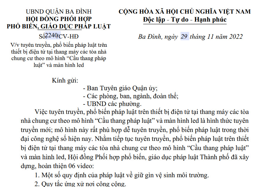 V/v tuyên truyền, phổ biến pháp luật trên thiết bị điện tử tại thang máy các tòa nhà chung cư theo mô hình “Cầu thang pháp luật” và màn hình led