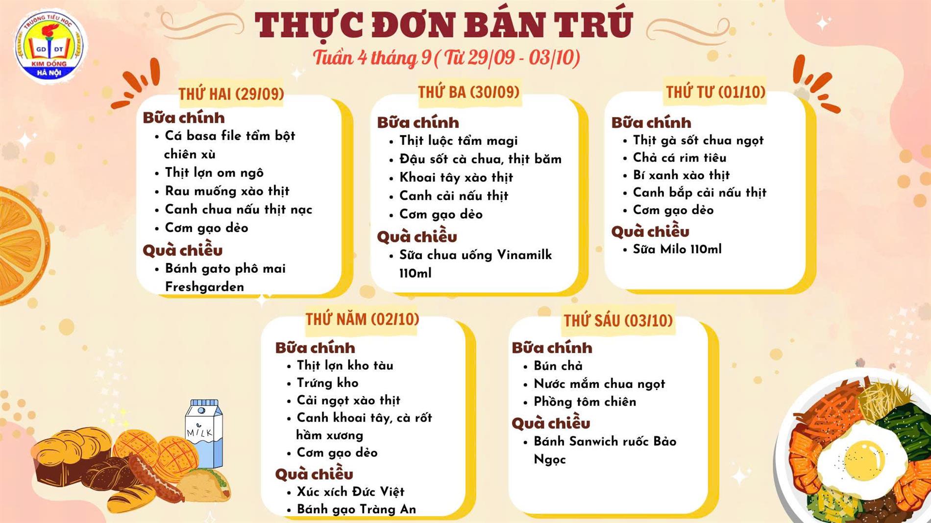 Trường Tiểu học Kim Đồng thông báo Thực đơn tuần 4 tháng 10