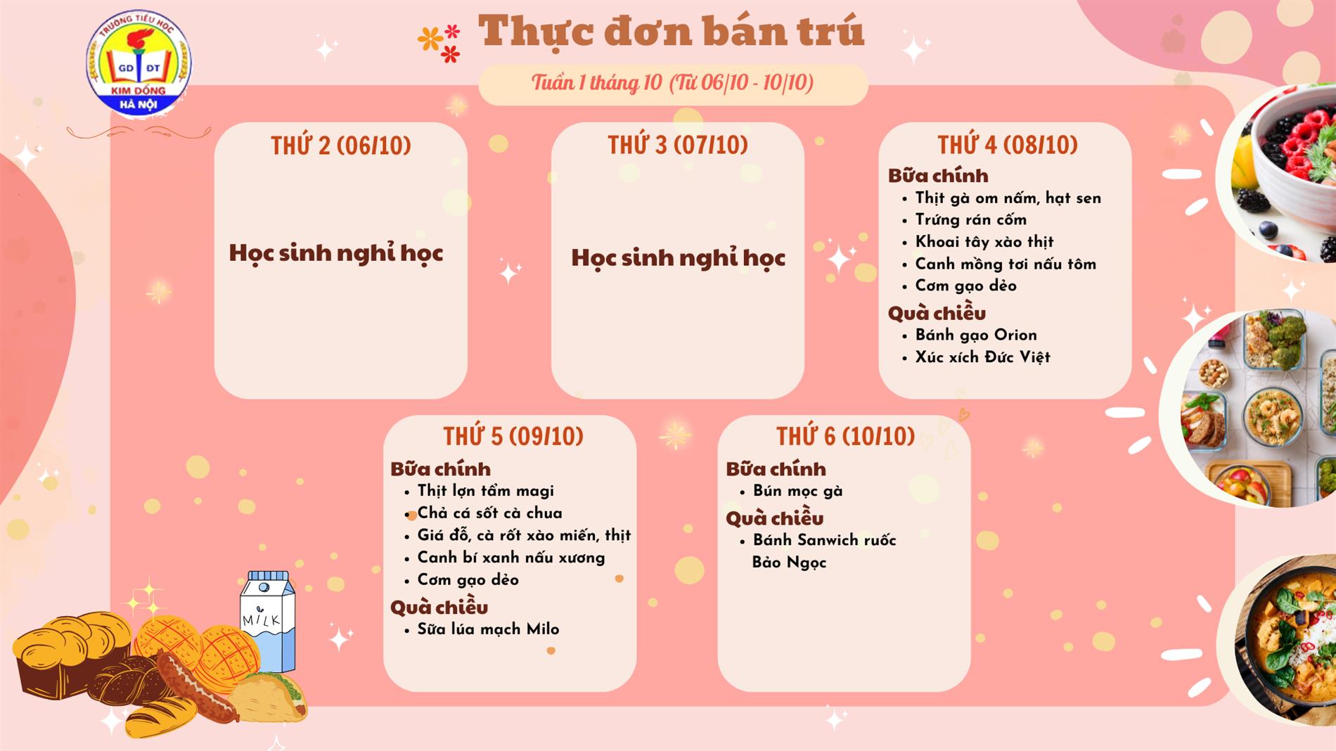 Thực đơn bán trú học sinh Tuần 1 tháng 10 - Trường Tiểu học Kim Đồng