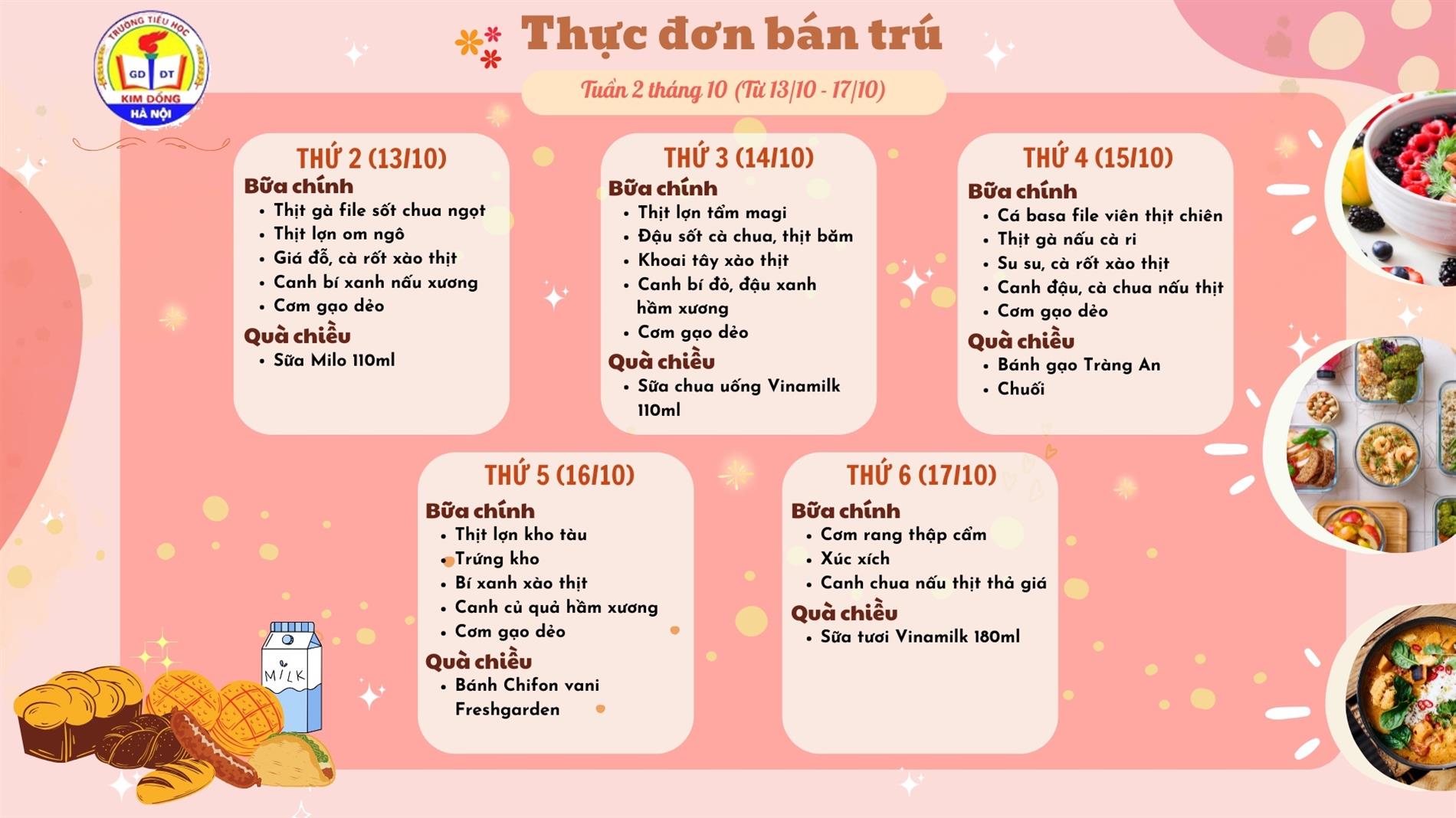 Thực đơn bán trú học sinh Tuần 2 tháng 10 - Trường Tiểu học Kim Đồng