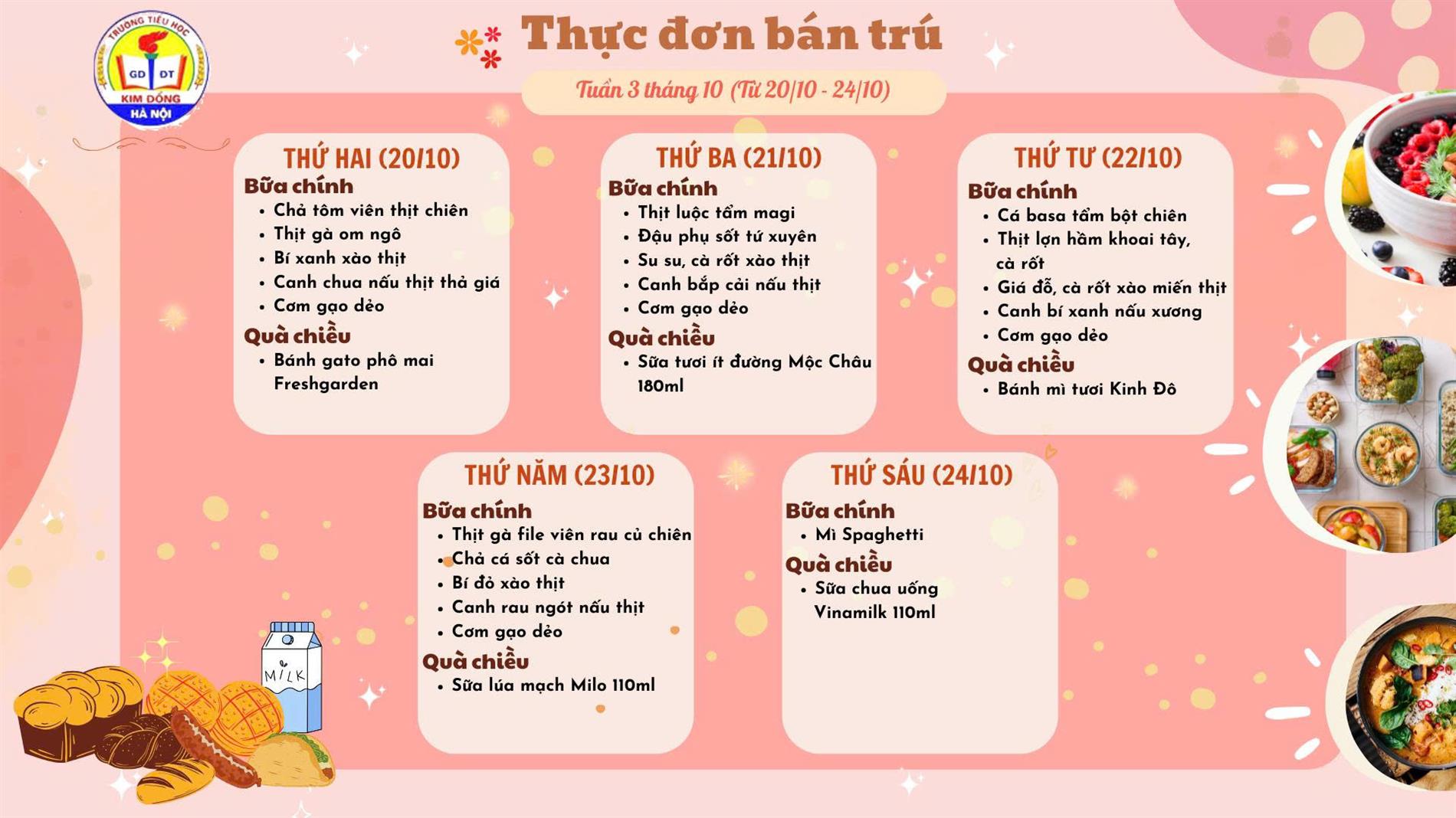 Thực đơn bán trú học sinh Tuần 3 tháng 10 - Trường Tiểu học Kim Đồng