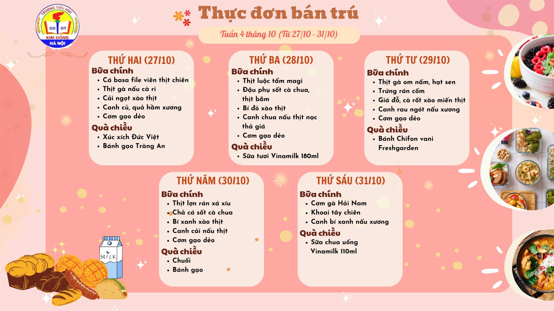 Thực đơn bán trú học sinh Tuần 4 tháng 10 - Trường Tiểu học Kim Đồng