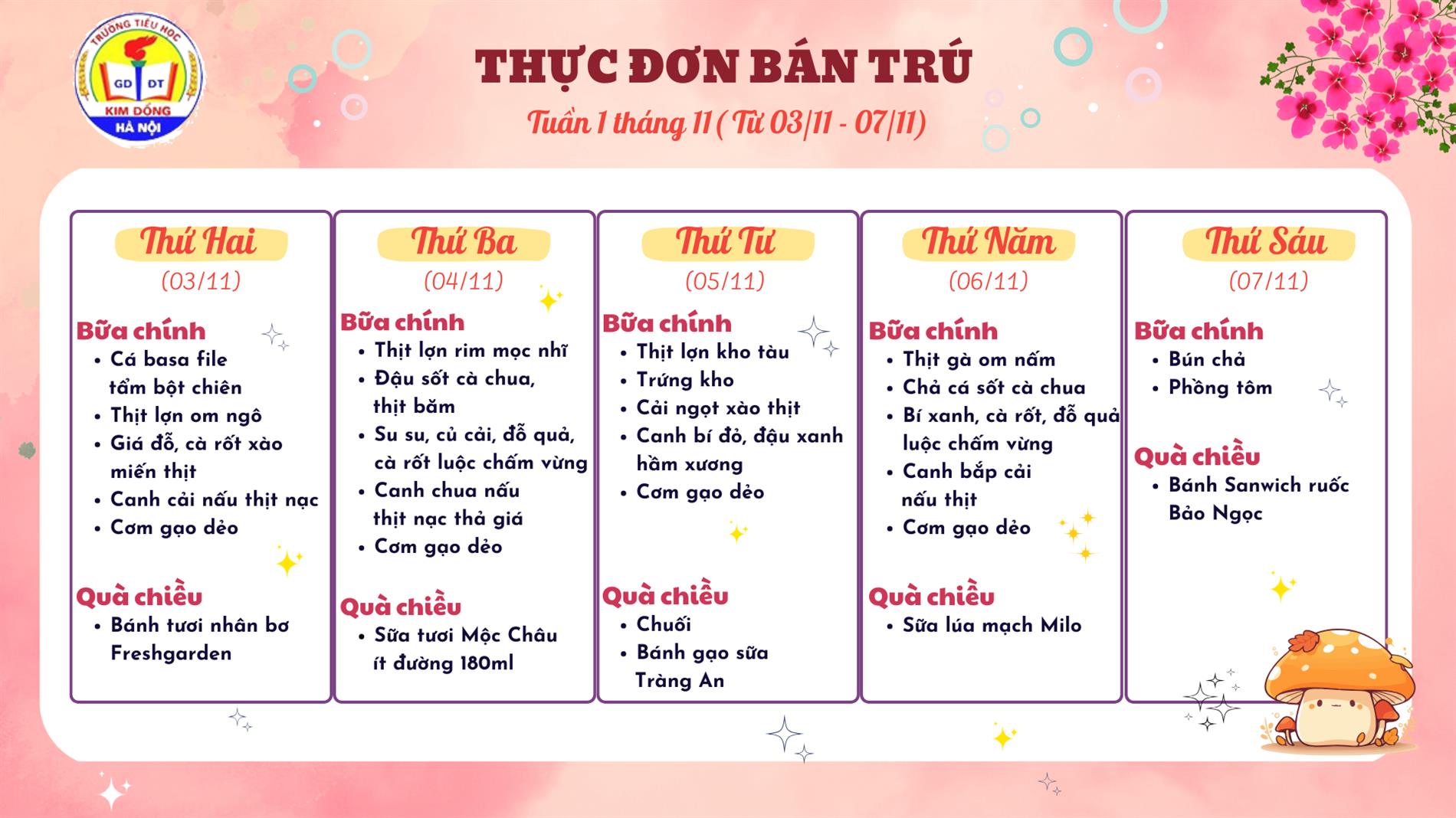 Thực đơn bán trú học sinh Tuần 1 tháng 11 - Trường Tiểu học Kim Đồng