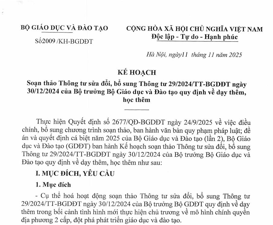 Kế hoạch sửa đổi, bổ sung Thông tư 29/2024/TT-BGDĐT