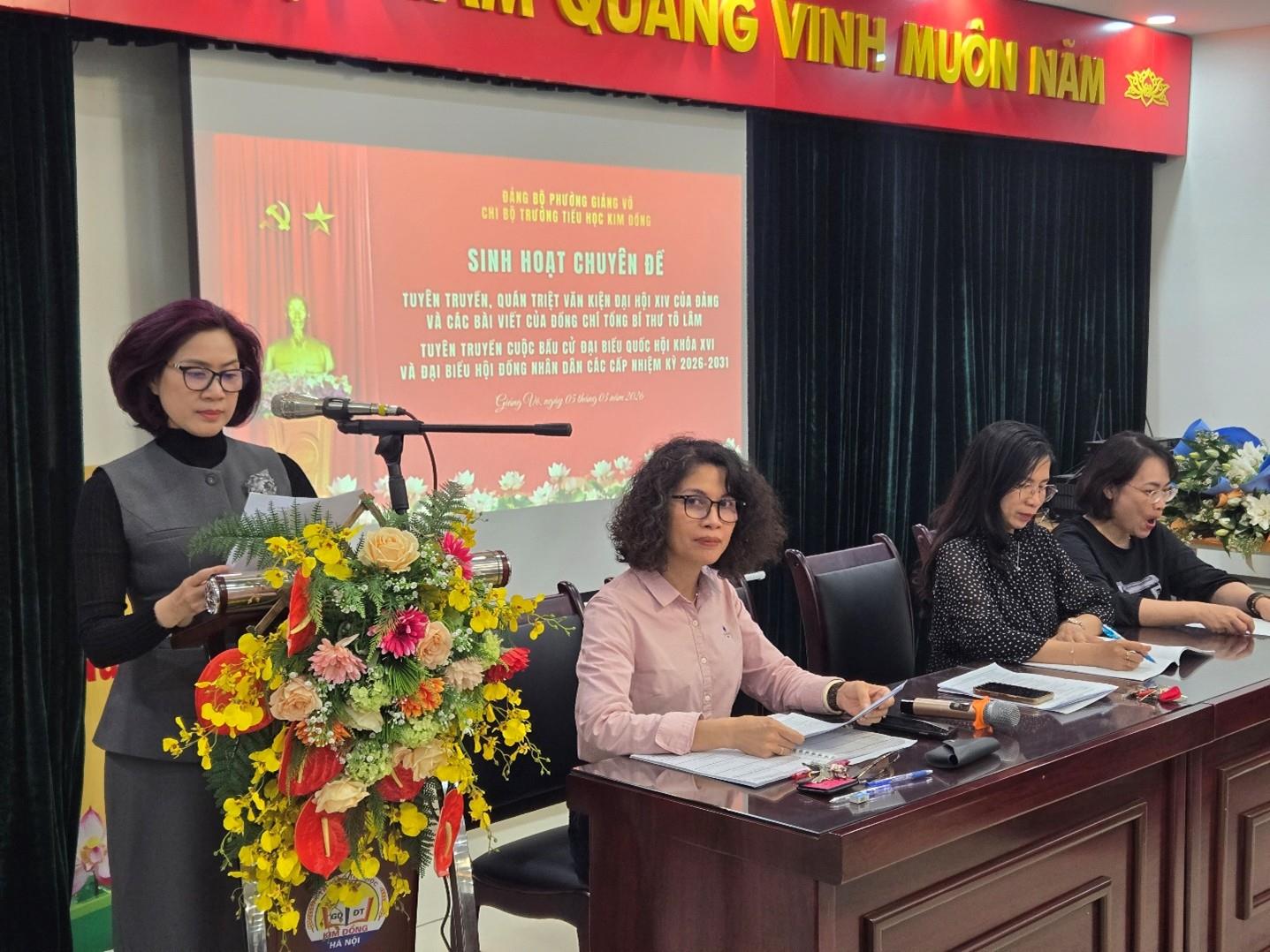 Chi bộ trường Tiểu học Kim Đồng tổ chức sinh hoạt chuyên đề Quán triệt văn kiện Đại hội XIV của Đảng và tuyên truyền bầu cử Đại biểu Quốc hội khóa XVI, HĐND các cấp nhiệm kỳ 2026 – 2031