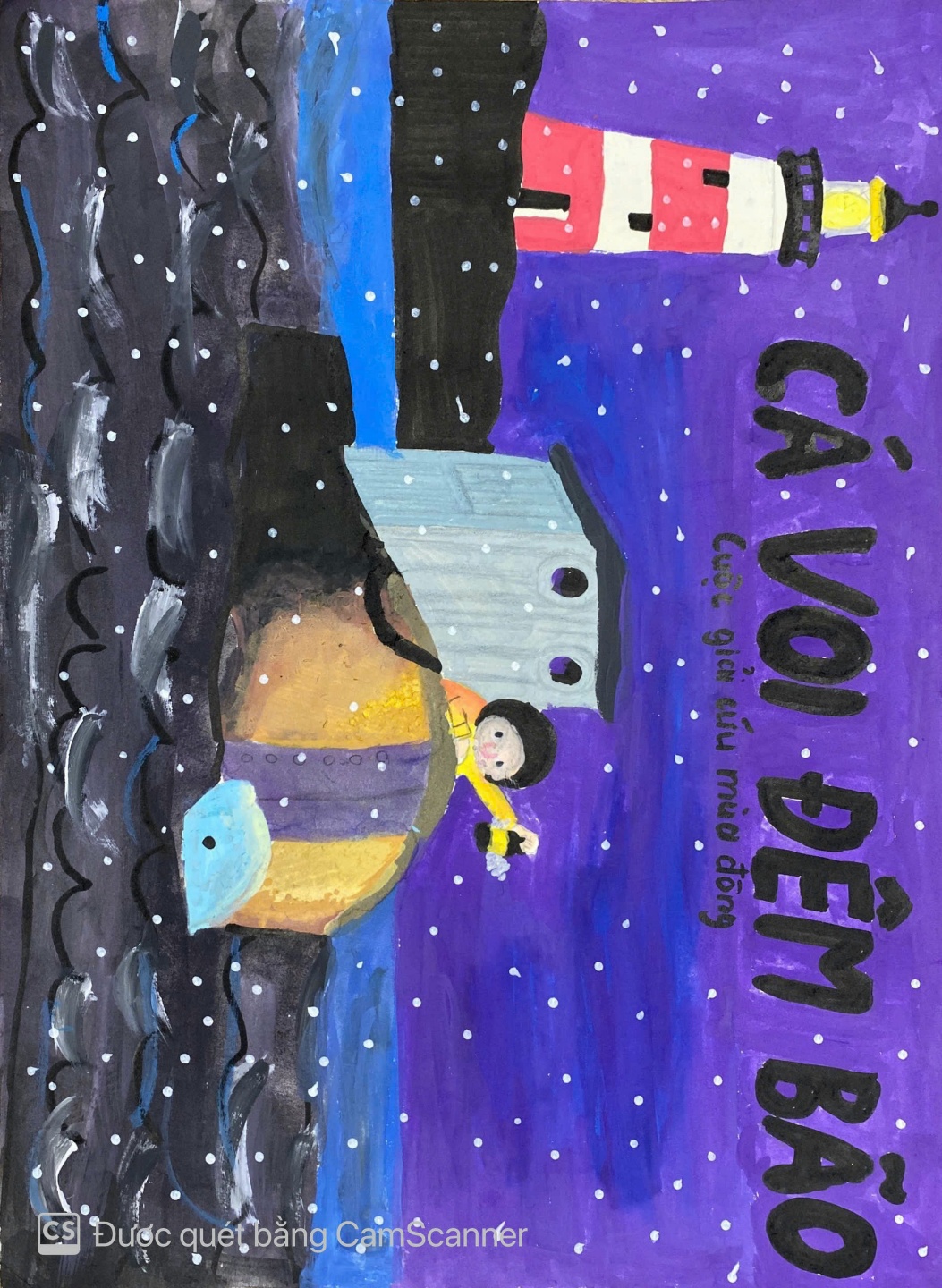 A painting of a lighthouse and a child
Description automatically generated