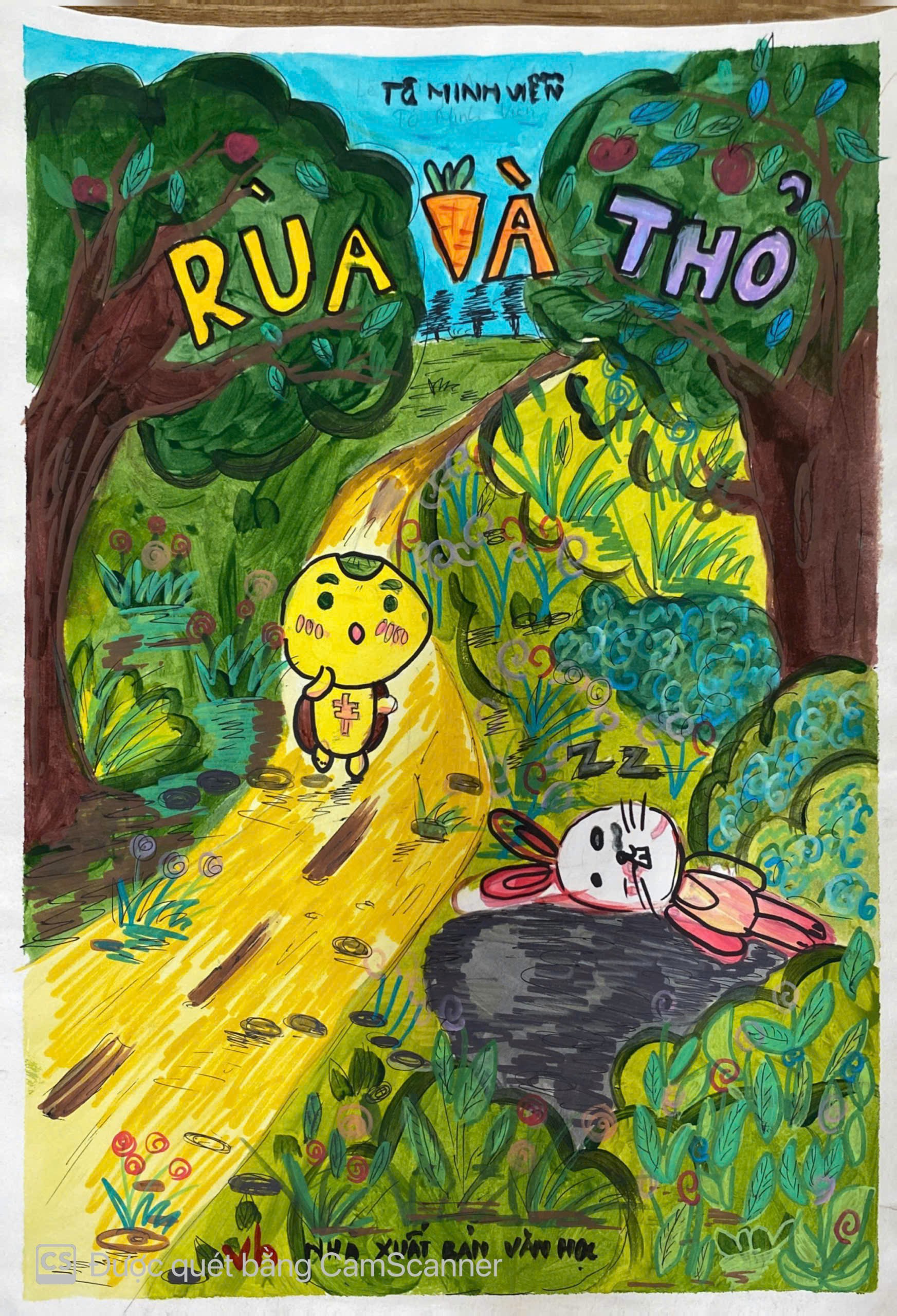 A drawing of a yellow road with a yellow path and a cartoon rabbit
Description automatically generated