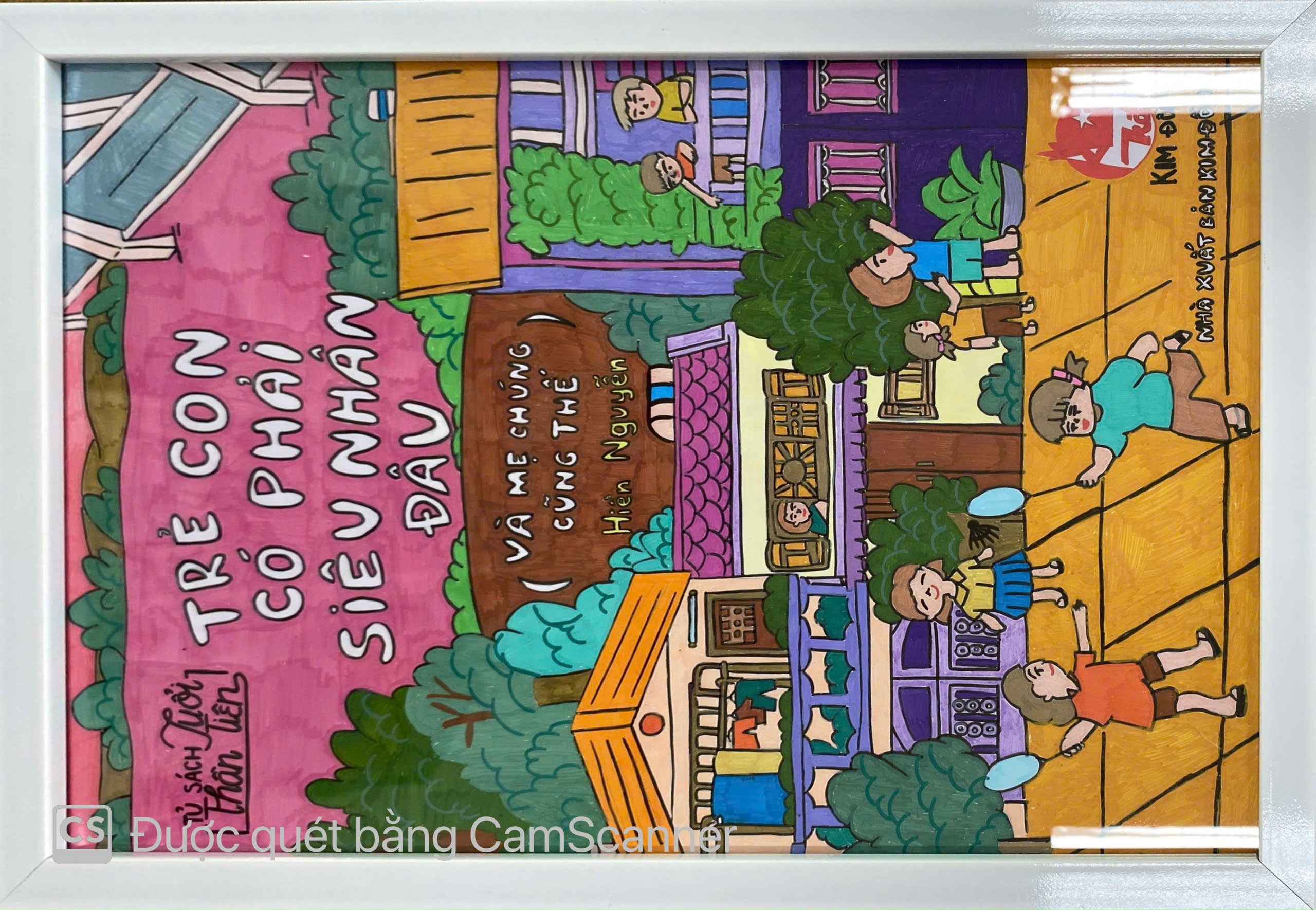 A picture frame with a picture of a house and kids
Description automatically generated