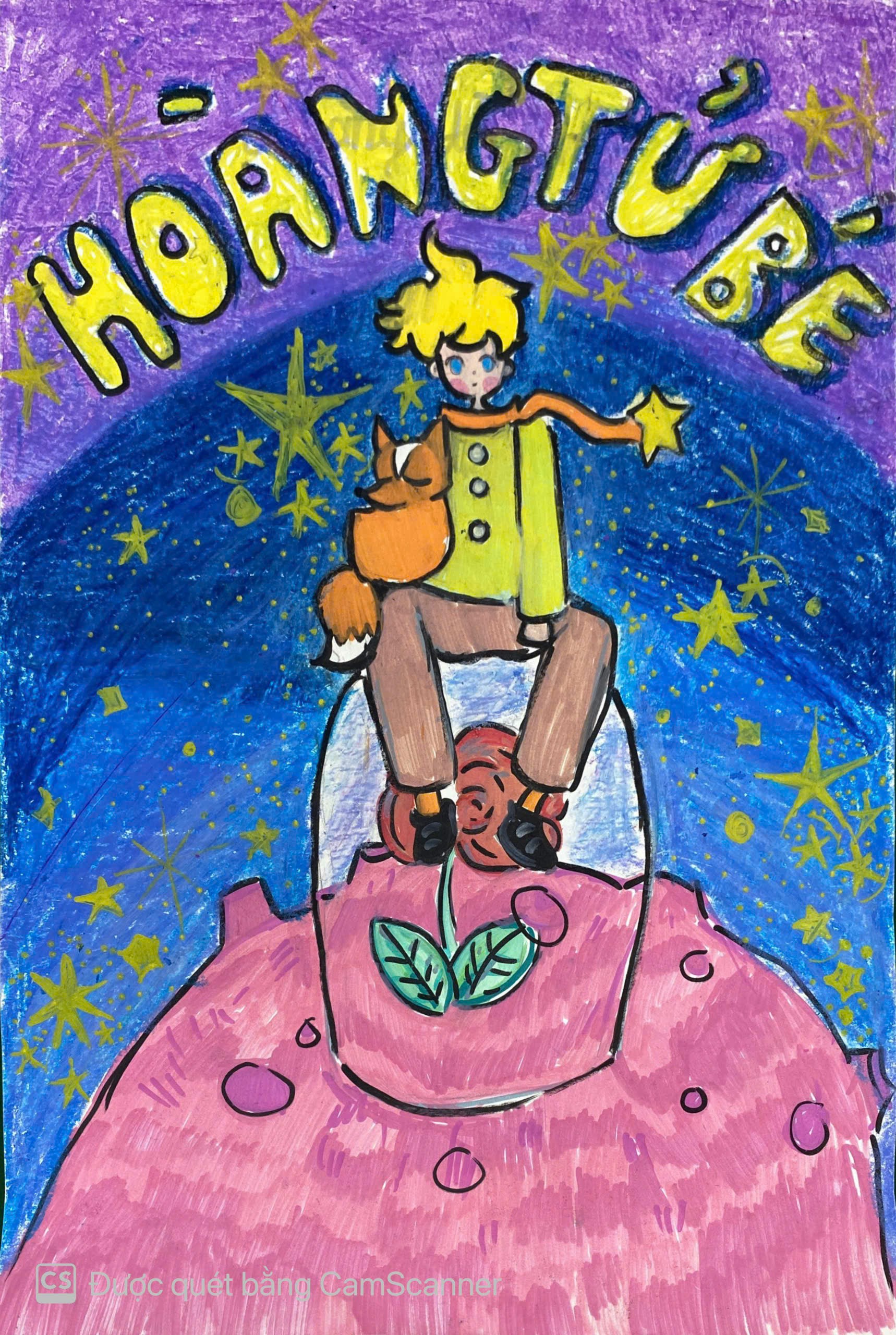 A drawing of a child sitting on a pink object
Description automatically generated