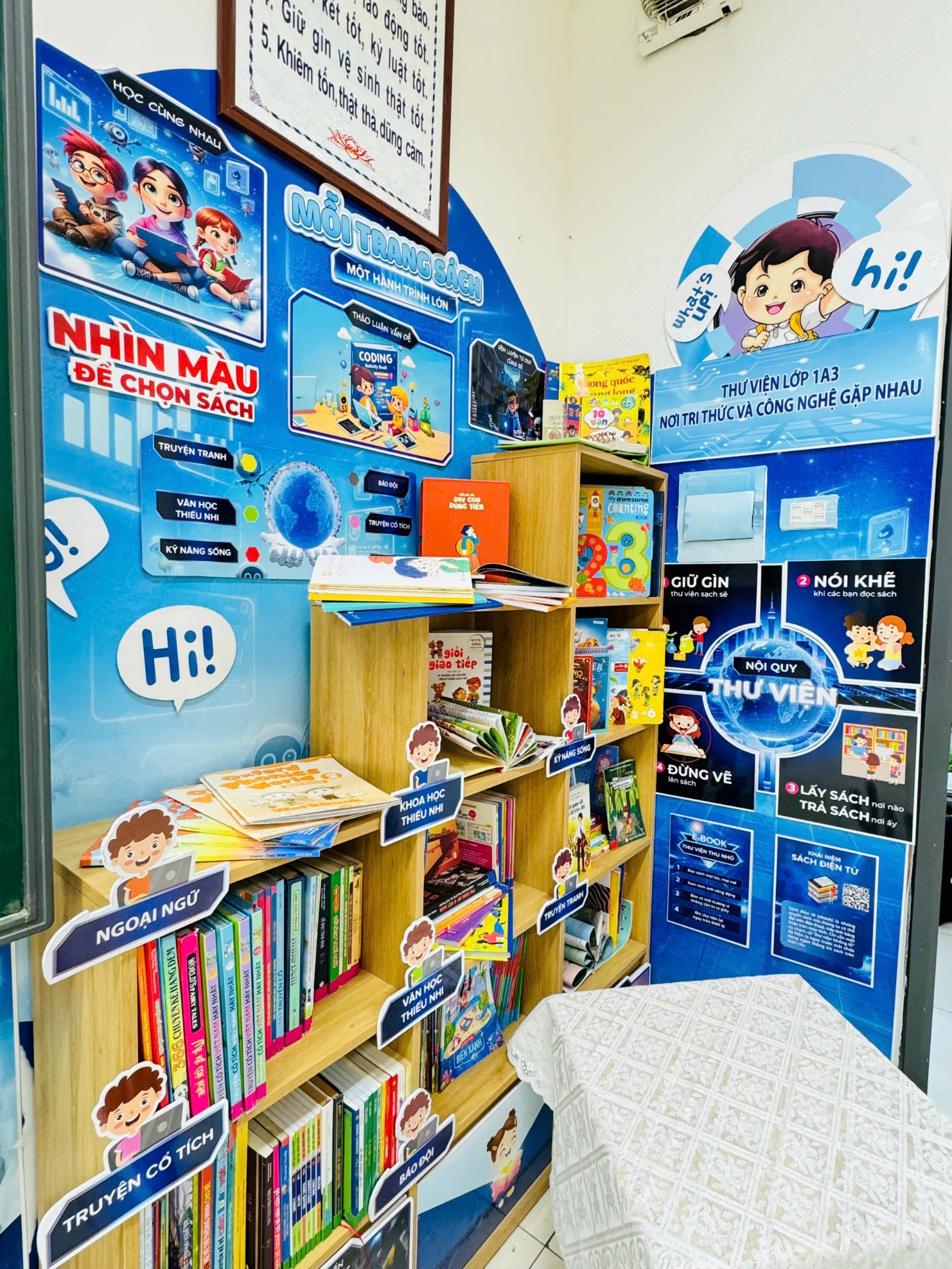 A shelf with books and posters on it
AI-generated content may be incorrect.