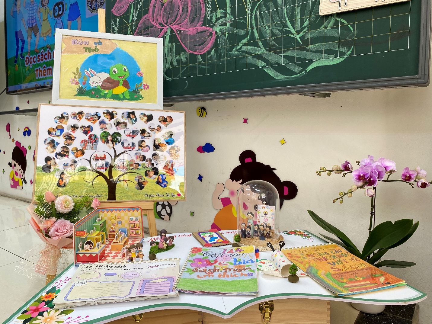 A table with books and pictures on it
Description automatically generated