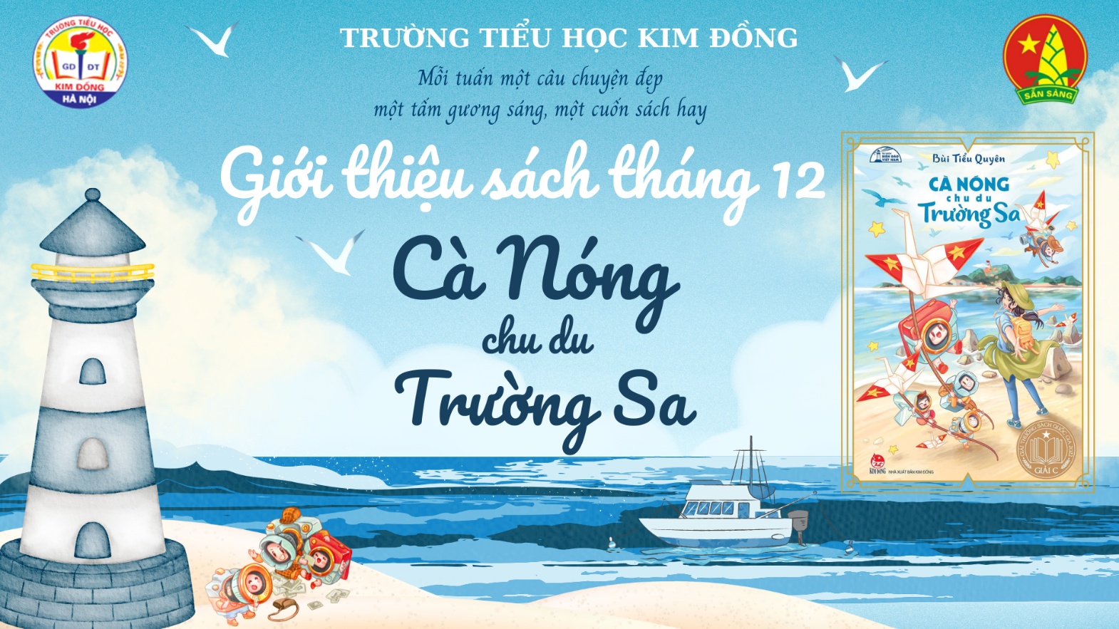 A blue and white sign with a beach and boats
Description automatically generated