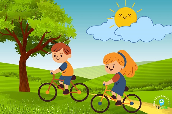 2 bé chạy xe đạp tập thể dục giảm stress