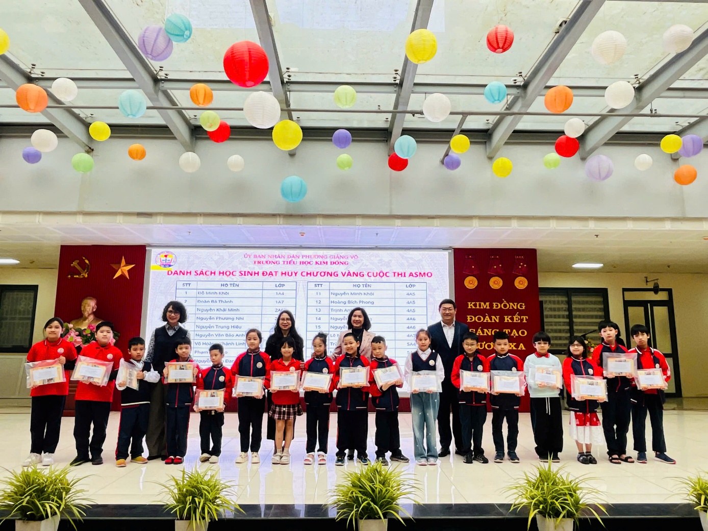 A group of people standing on a stage holding paper

Description automatically generated